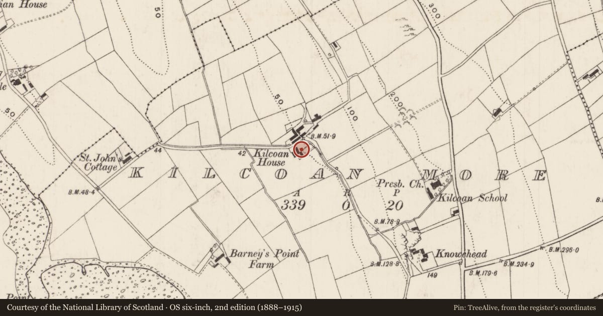Ordnance Survey six-inch map, 2nd edition (1888–1915) covering the location of Kilcoan House, Mid and East Antrim, with a pin at the register's coordinates