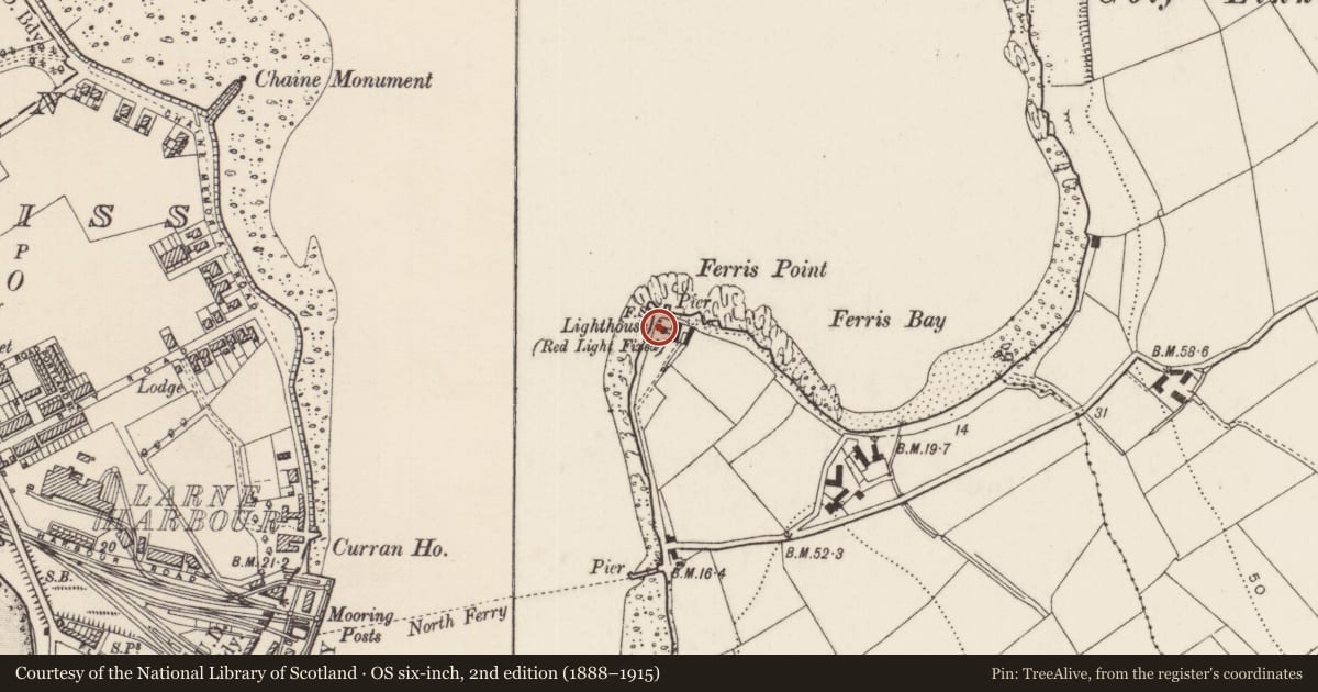 Ordnance Survey six-inch map, 2nd edition (1888–1915) covering the location of Ferris Point Lighthouse, Ballylumford, Mid and East Antrim, with a pin at the register's coordinates