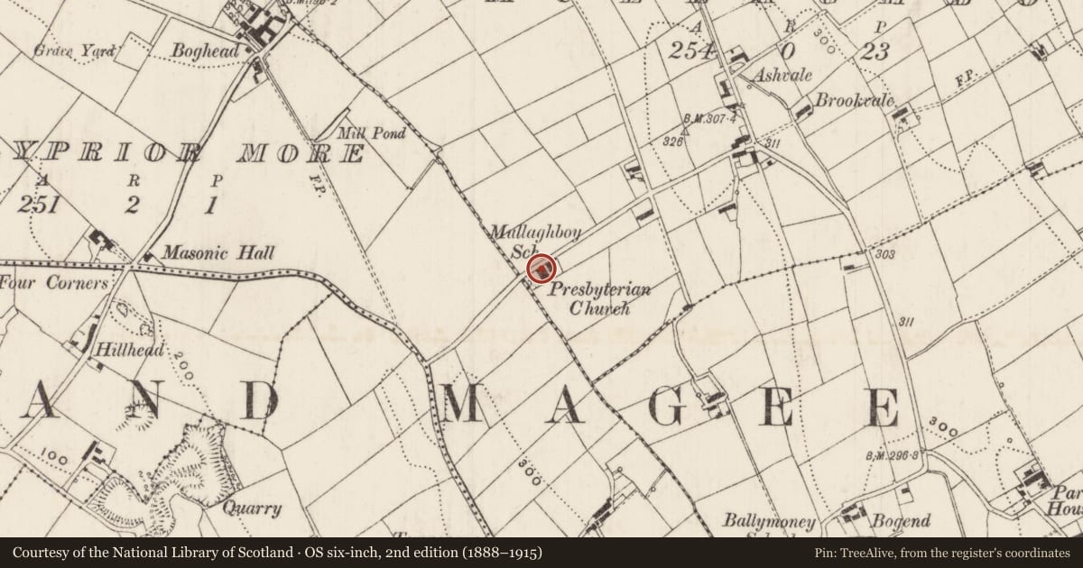 Ordnance Survey six-inch map, 2nd edition (1888–1915) covering the location of Second Presbyterian Church, Mullaghboy, Mid and East Antrim, with a pin at the register's coordinates