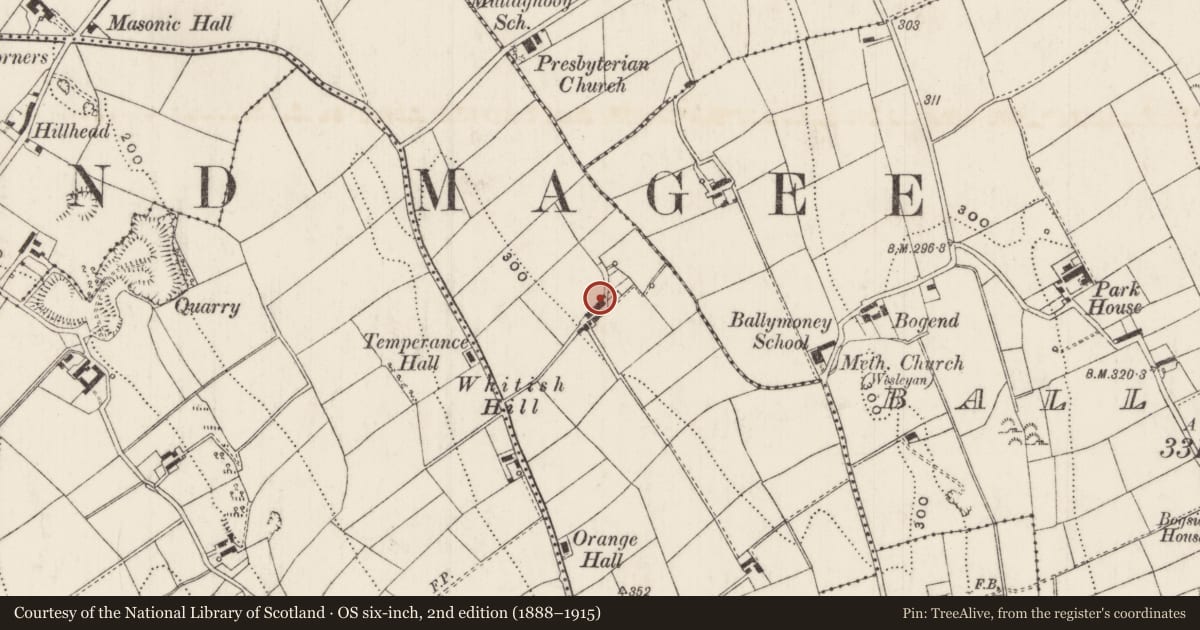 Ordnance Survey six-inch map, 2nd edition (1888–1915) covering the location of 144 Browns Bay Road, Ballyprior More, Mid and East Antrim, with a pin at the register's coordinates