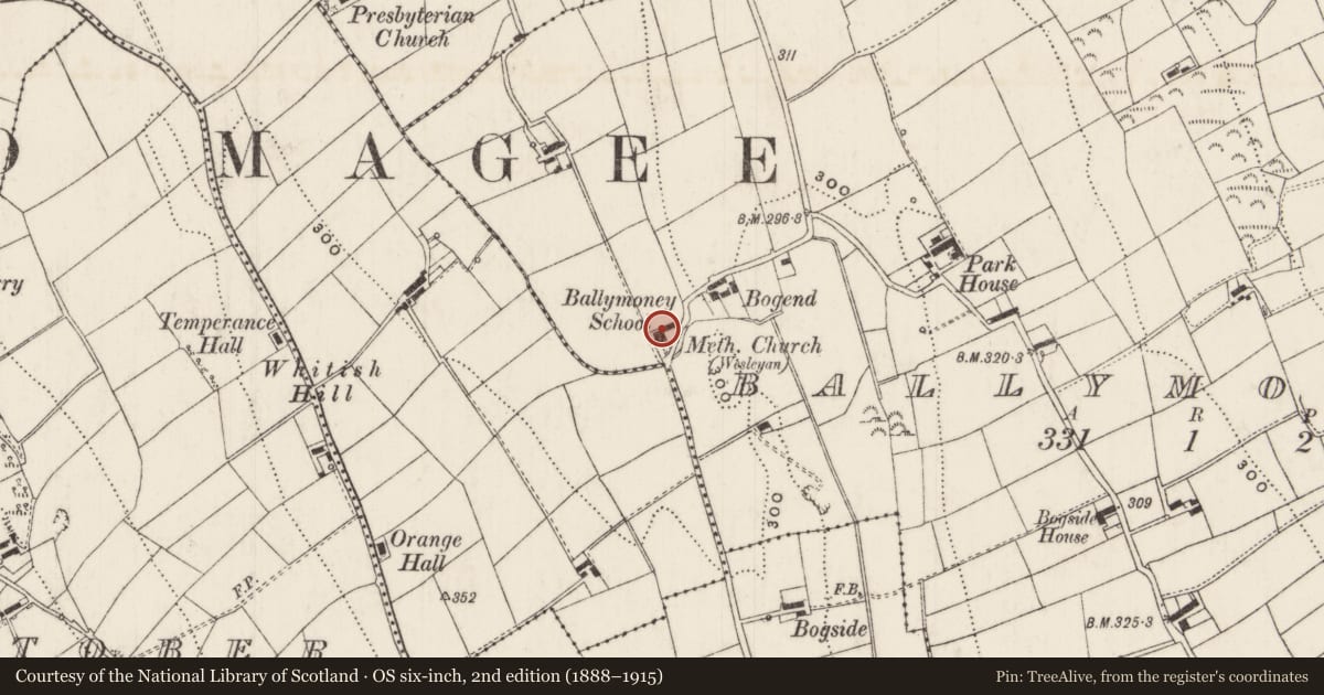 Ordnance Survey six-inch map, 2nd edition (1888–1915) covering the location of Methodist Church, Ballymoney, Mid and East Antrim, with a pin at the register's coordinates