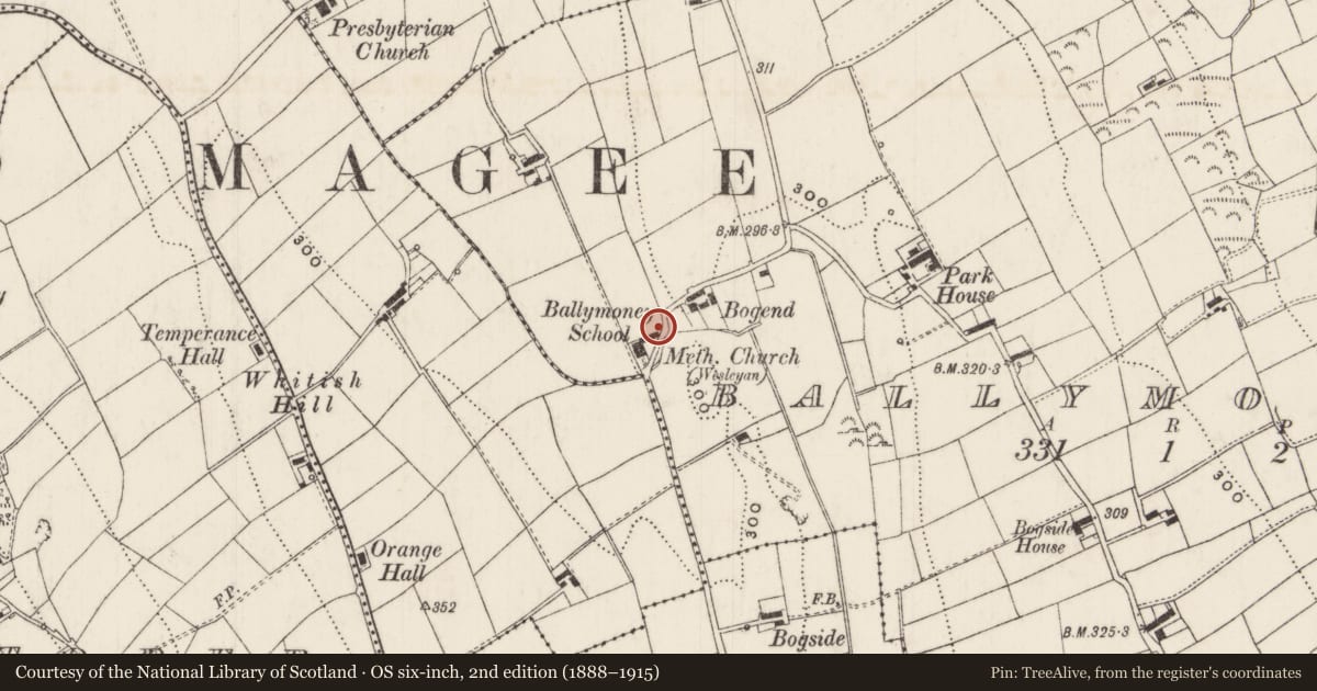 Ordnance Survey six-inch map, 2nd edition (1888–1915) covering the location of 306 Middle Road, Ballymoney, Mid and East Antrim, with a pin at the register's coordinates