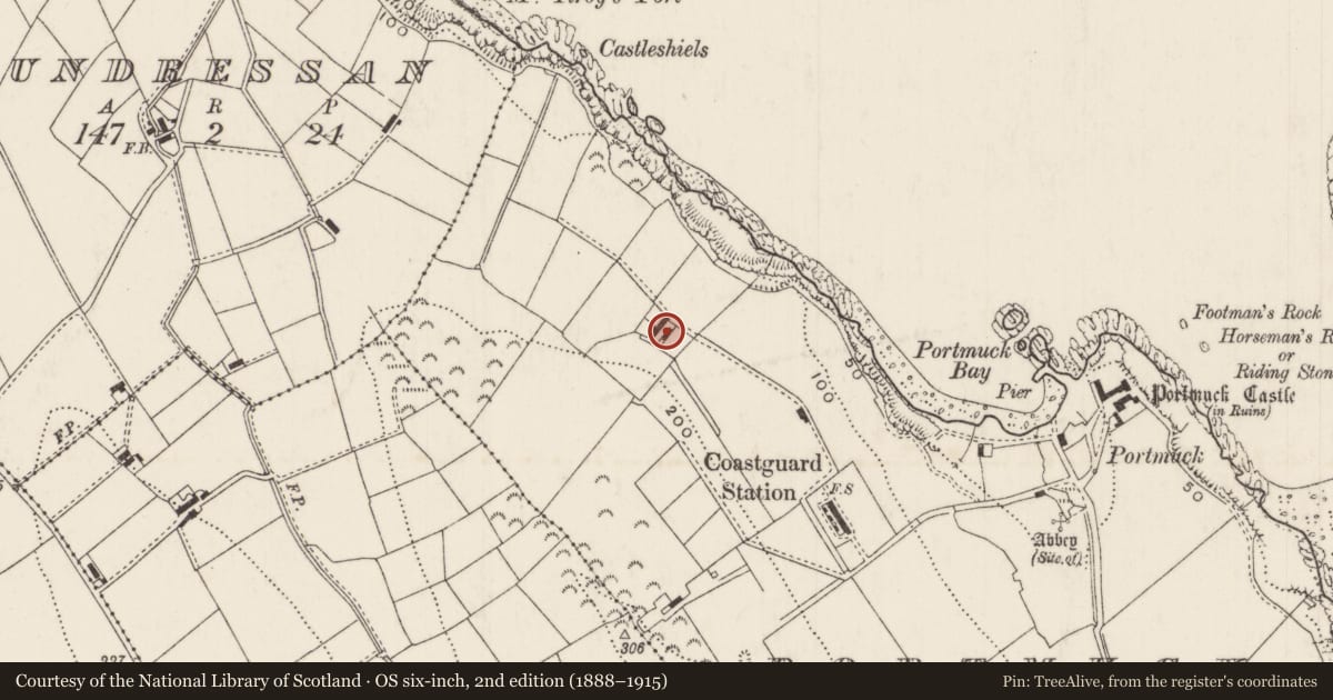 Ordnance Survey six-inch map, 2nd edition (1888–1915) covering the location of 90 Portmuck Road, Mid and East Antrim, with a pin at the register's coordinates