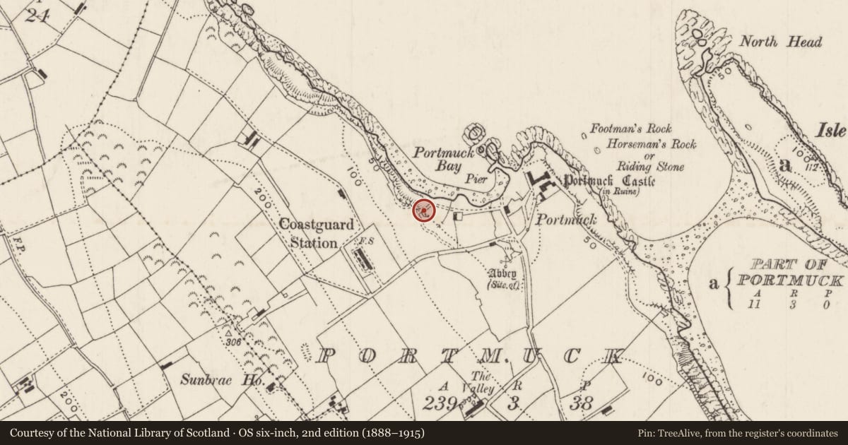 Ordnance Survey six-inch map, 2nd edition (1888–1915) covering the location of Lime kiln at Portmuck Bay, Mid and East Antrim, with a pin at the register's coordinates