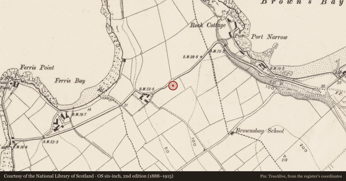 Ordnance Survey six-inch map, 2nd edition (1888–1915) covering the location of 45-53 Ferris Bay Road, Ballycronan More, Mid and East Antrim, with a pin at the register's coordinates