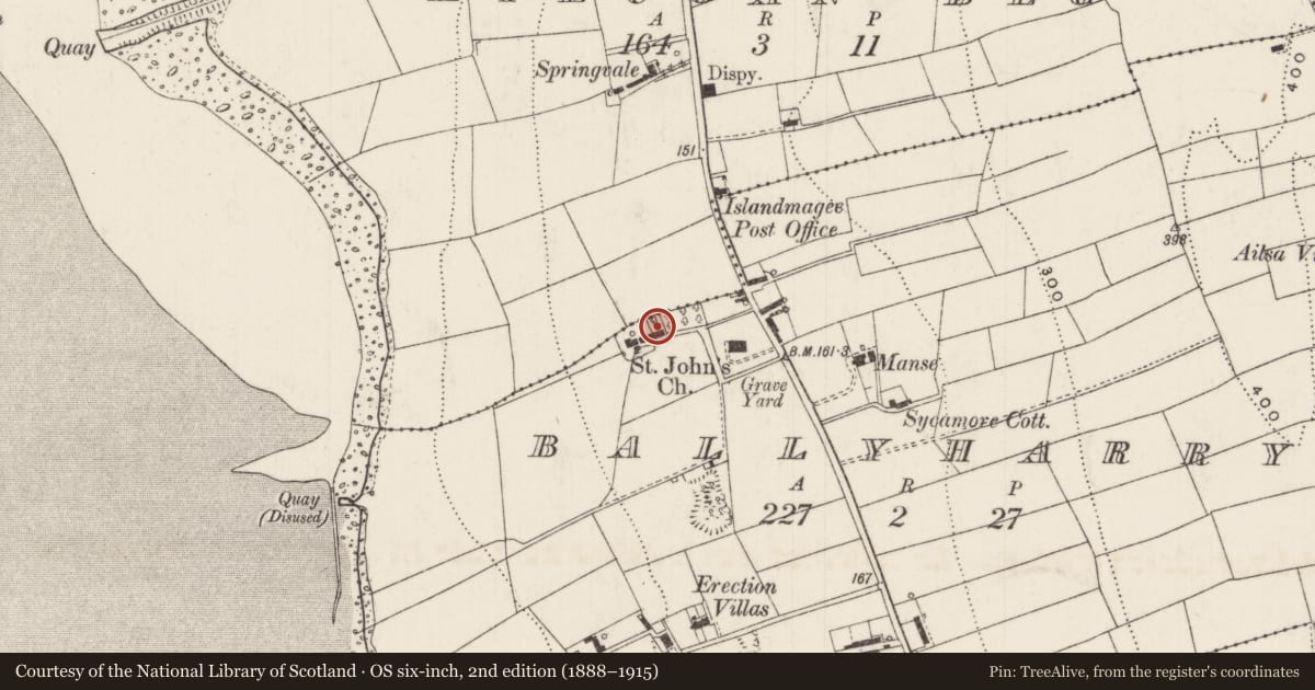 Ordnance Survey six-inch map, 2nd edition (1888–1915) covering the location of 168 Low Road, Ballyharry, Mid and East Antrim, with a pin at the register's coordinates