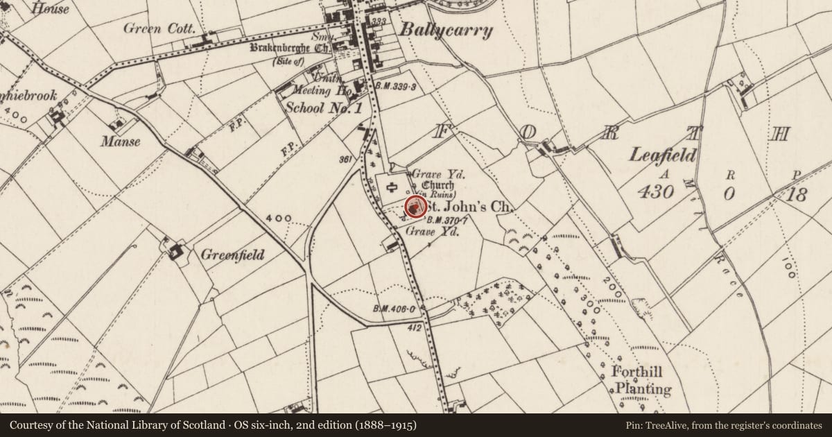 Ordnance Survey six-inch map, 2nd edition (1888–1915) covering the location of St John’s Church of Ireland Church, Forthill, Mid and East Antrim, with a pin at the register's coordinates