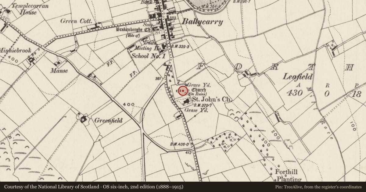 Ordnance Survey six-inch map, 2nd edition (1888–1915) covering the location of Horsborough Mausoleum, Forthill, Mid and East Antrim, with a pin at the register's coordinates