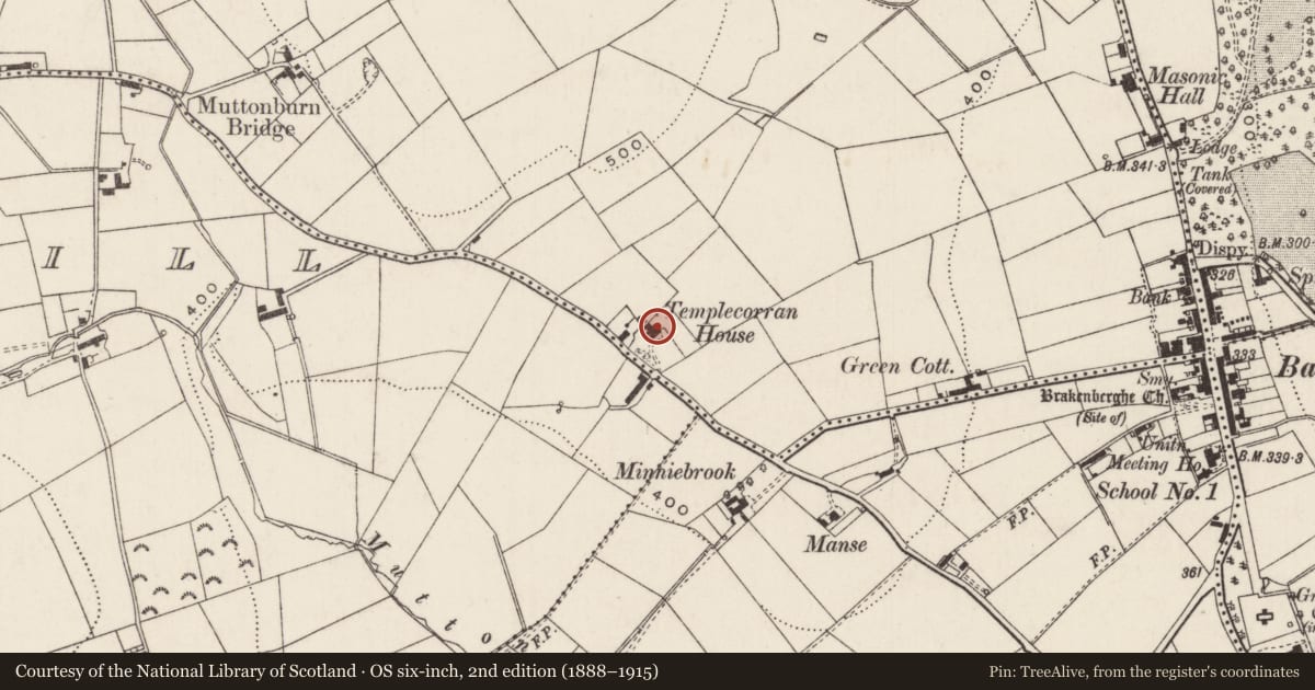 Ordnance Survey six-inch map, 2nd edition (1888–1915) covering the location of Templecorran House, North West Ballycarry, Mid and East Antrim, with a pin at the register's coordinates