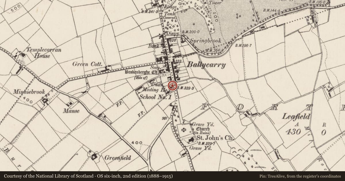 Ordnance Survey six-inch map, 2nd edition (1888–1915) covering the location of Old Presbyterian Church (Non-Subscribing Presbyterian), South West Ballycarry, Mid and East Antrim, with a pin at the register's coordinates