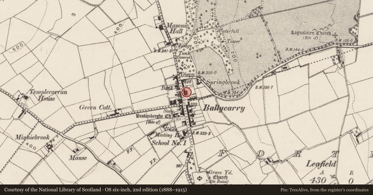 Ordnance Survey six-inch map, 2nd edition (1888–1915) covering the location of Houses in Main Street, Redhall, Mid and East Antrim, with a pin at the register's coordinates