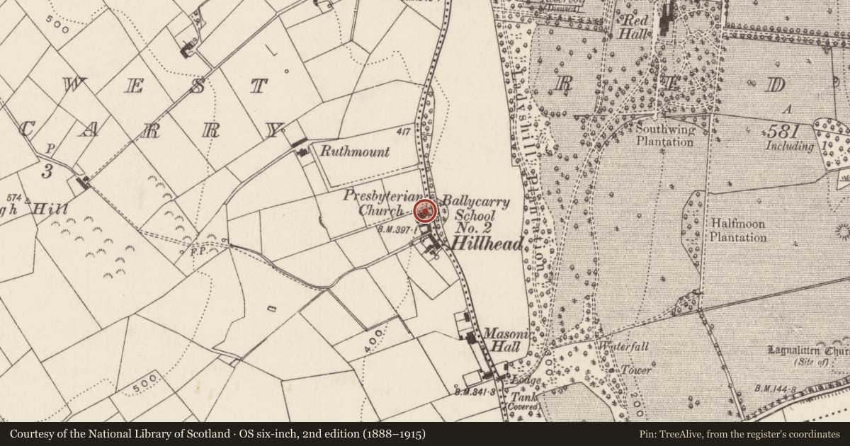 Ordnance Survey six-inch map, 2nd edition (1888–1915) covering the location of Ballycarry Presbyterian Church, North West Ballycarry, Mid and East Antrim, with a pin at the register's coordinates