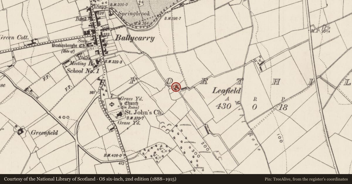 Ordnance Survey six-inch map, 2nd edition (1888–1915) covering the location of Leafield, Forthill, Mid and East Antrim, with a pin at the register's coordinates