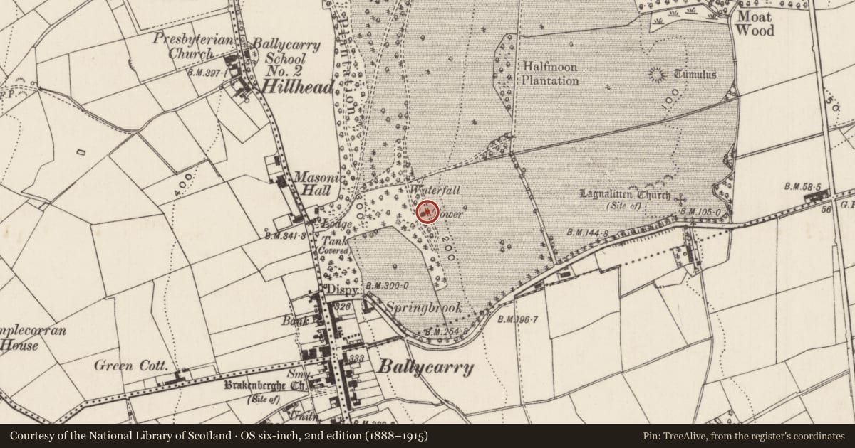 Ordnance Survey six-inch map, 2nd edition (1888–1915) covering the location of Tower, Redhall, Mid and East Antrim, with a pin at the register's coordinates