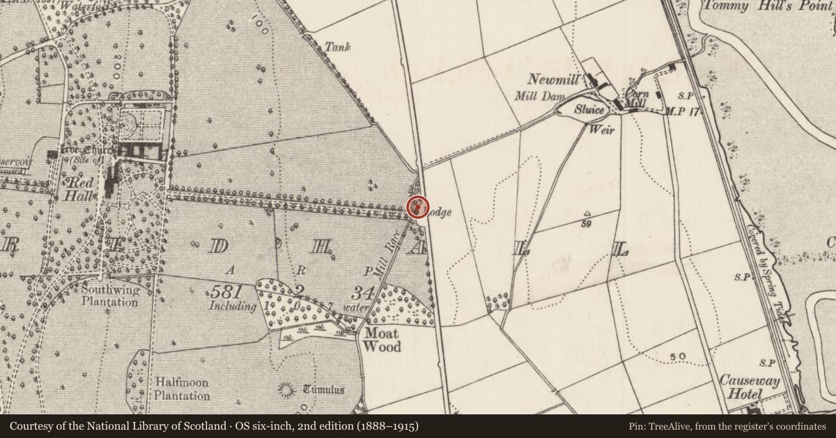 Ordnance Survey six-inch map, 2nd edition (1888–1915) covering the location of Lodge and gatescreen, Redhall, Mid and East Antrim, with a pin at the register's coordinates