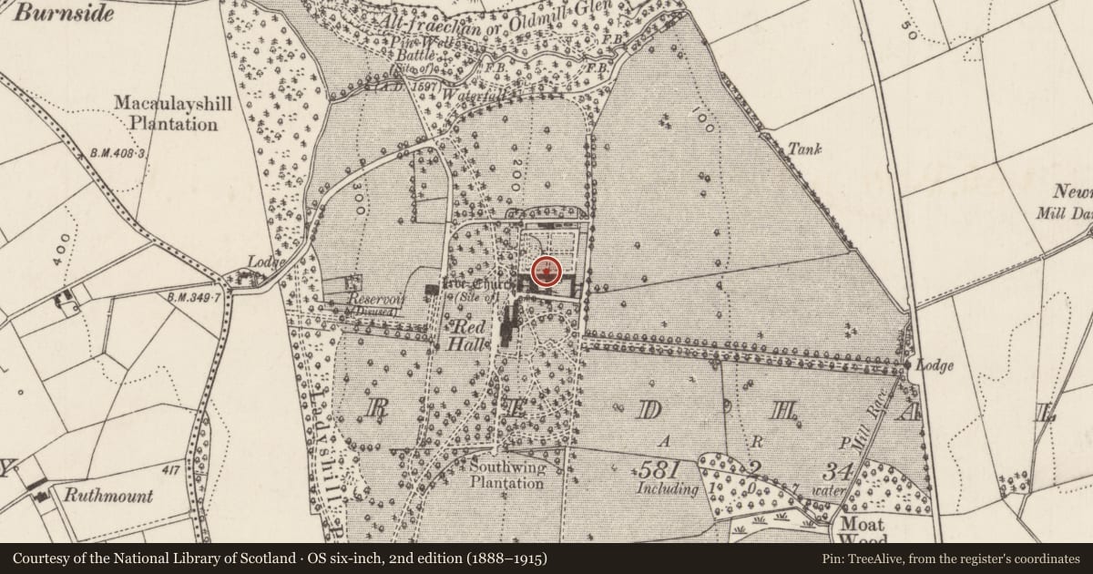 Ordnance Survey six-inch map, 2nd edition (1888–1915) covering the location of Farm buildings at Red Hall, Redhall, Mid and East Antrim, with a pin at the register's coordinates