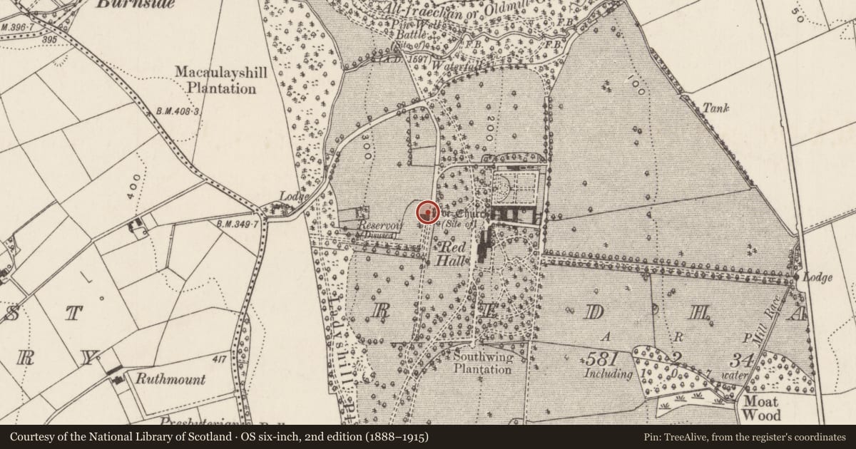 Ordnance Survey six-inch map, 2nd edition (1888–1915) covering the location of Mill at Red Hall, Redhall, Mid and East Antrim, with a pin at the register's coordinates