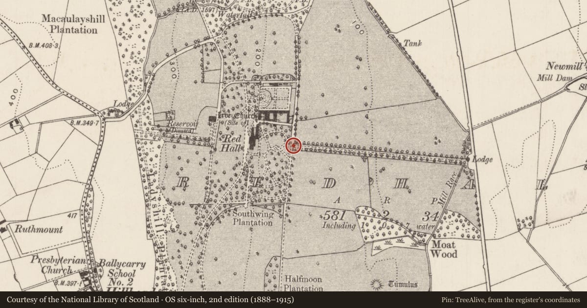 Ordnance Survey six-inch map, 2nd edition (1888–1915) covering the location of Garden piers at Red Hall, Redhall, Mid and East Antrim, with a pin at the register's coordinates