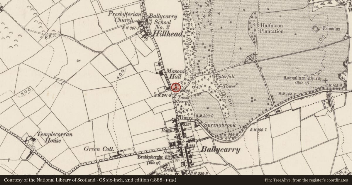 Ordnance Survey six-inch map, 2nd edition (1888–1915) covering the location of Ballycarry Lodge, Redhall, Mid and East Antrim, with a pin at the register's coordinates