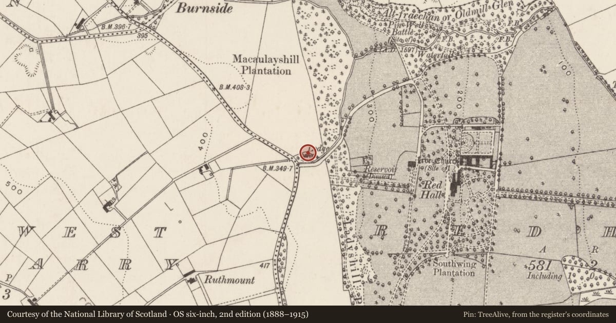Ordnance Survey six-inch map, 2nd edition (1888–1915) covering the location of North Lodge to Red Hall, Redhall, Mid and East Antrim, with a pin at the register's coordinates