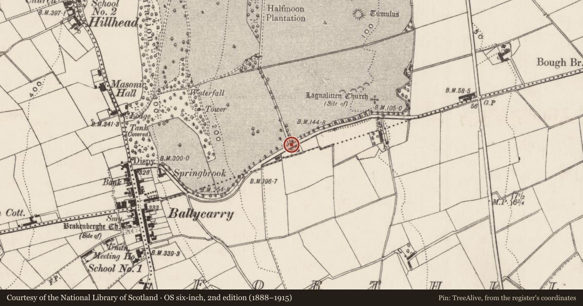 Ordnance Survey six-inch map, 2nd edition (1888–1915) covering the location of Gateways to Red Hall, Redhall, Mid and East Antrim, with a pin at the register's coordinates