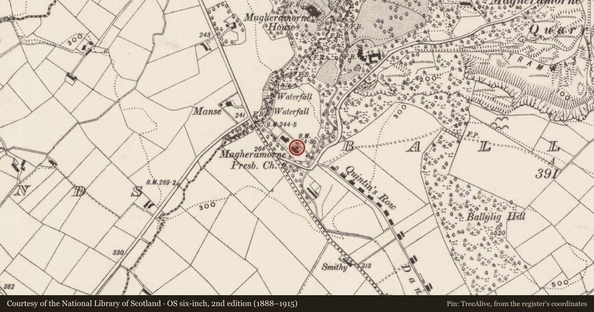 Ordnance Survey six-inch map, 2nd edition (1888–1915) covering the location of Magheramorne Presbyterian Church, Ballylig, Mid and East Antrim, with a pin at the register's coordinates