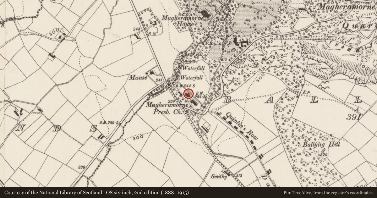 Ordnance Survey six-inch map, 2nd edition (1888–1915) covering the location of 40-42 Ballypollard Road, Ballylig, Mid and East Antrim, with a pin at the register's coordinates