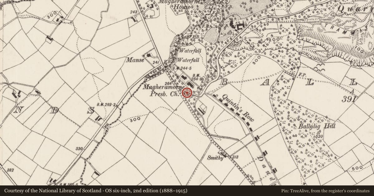 Ordnance Survey six-inch map, 2nd edition (1888–1915) covering the location of House at Ballylig Road, Mid and East Antrim, with a pin at the register's coordinates