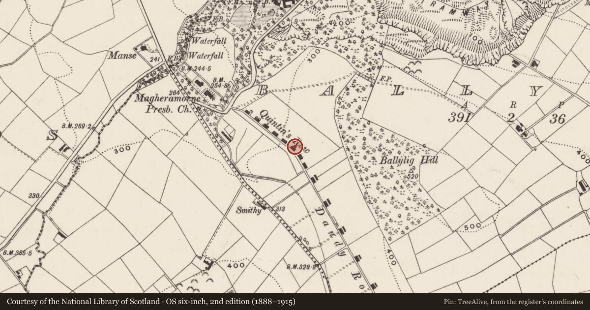 Ordnance Survey six-inch map, 2nd edition (1888–1915) covering the location of Houses on Quinton Avenue, Ballylig, Mid and East Antrim, with a pin at the register's coordinates