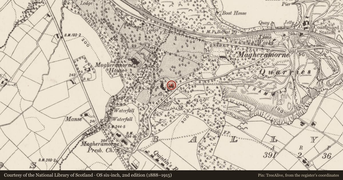 Ordnance Survey six-inch map, 2nd edition (1888–1915) covering the location of Outbuildings at Magheramorne House, Ballylig, Mid and East Antrim, with a pin at the register's coordinates