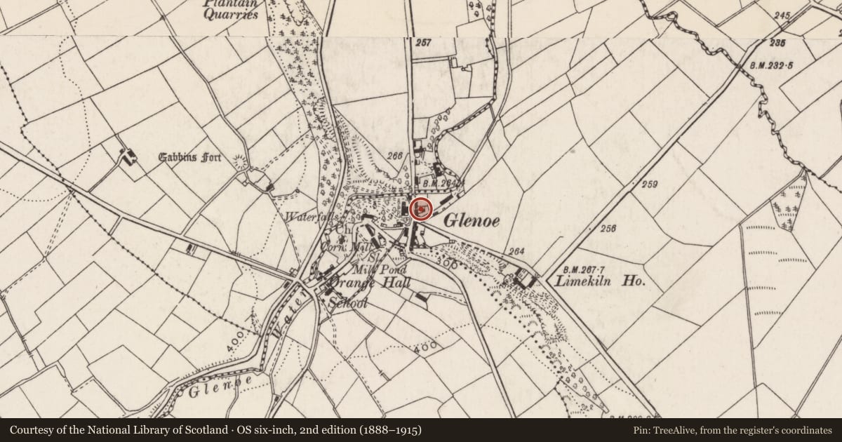 Ordnance Survey six-inch map, 2nd edition (1888–1915) covering the location of 2 Glenoe Village, Ballywillin, Mid and East Antrim, with a pin at the register's coordinates