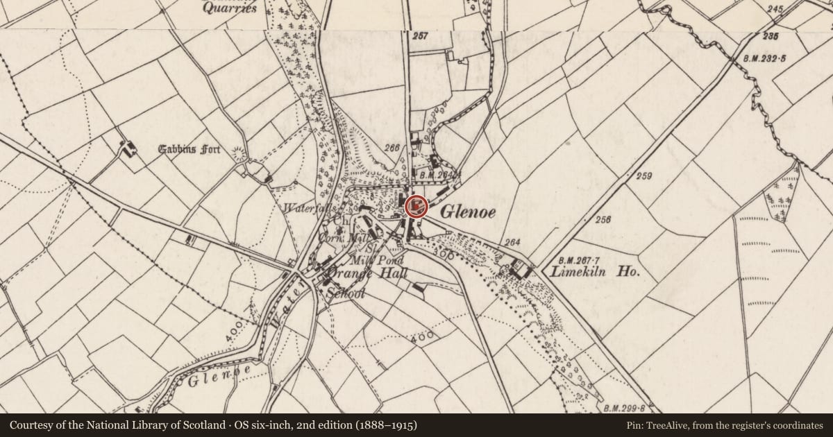 Ordnance Survey six-inch map, 2nd edition (1888–1915) covering the location of 6 Glenoe Village, Ballywillin, Mid and East Antrim, with a pin at the register's coordinates