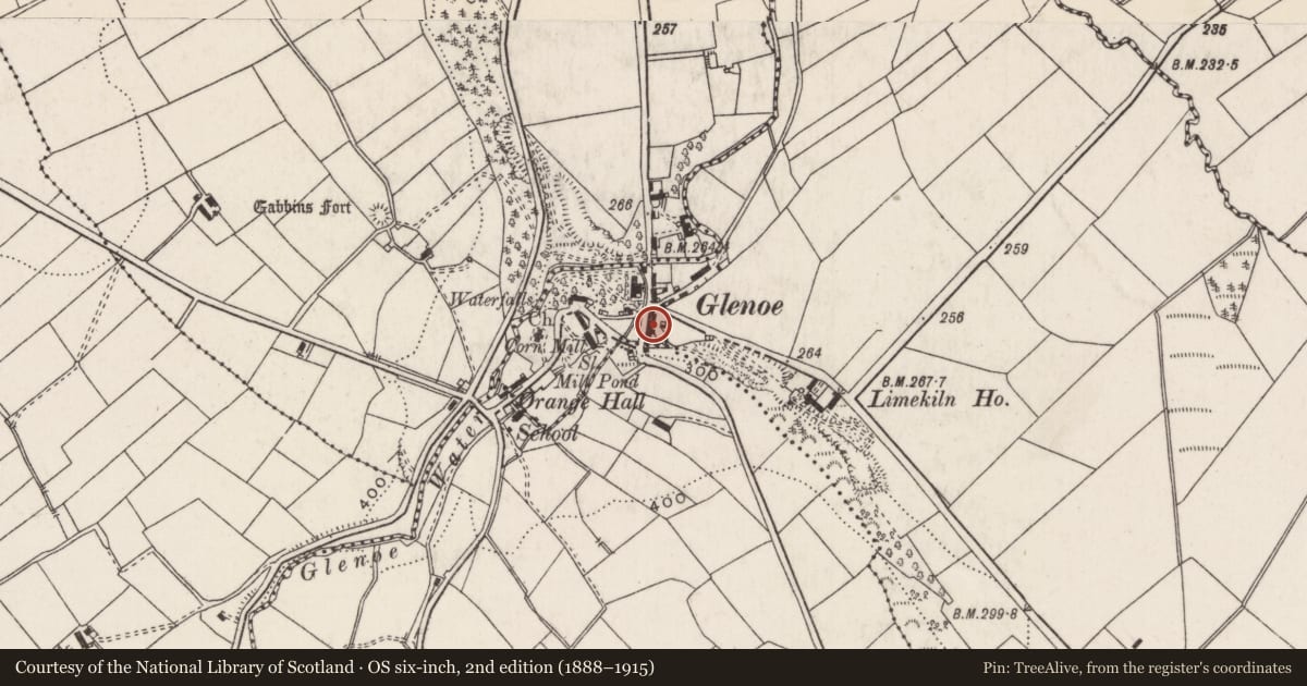 Ordnance Survey six-inch map, 2nd edition (1888–1915) covering the location of 9 Glenoe Village, Ballywillin, Mid and East Antrim, with a pin at the register's coordinates