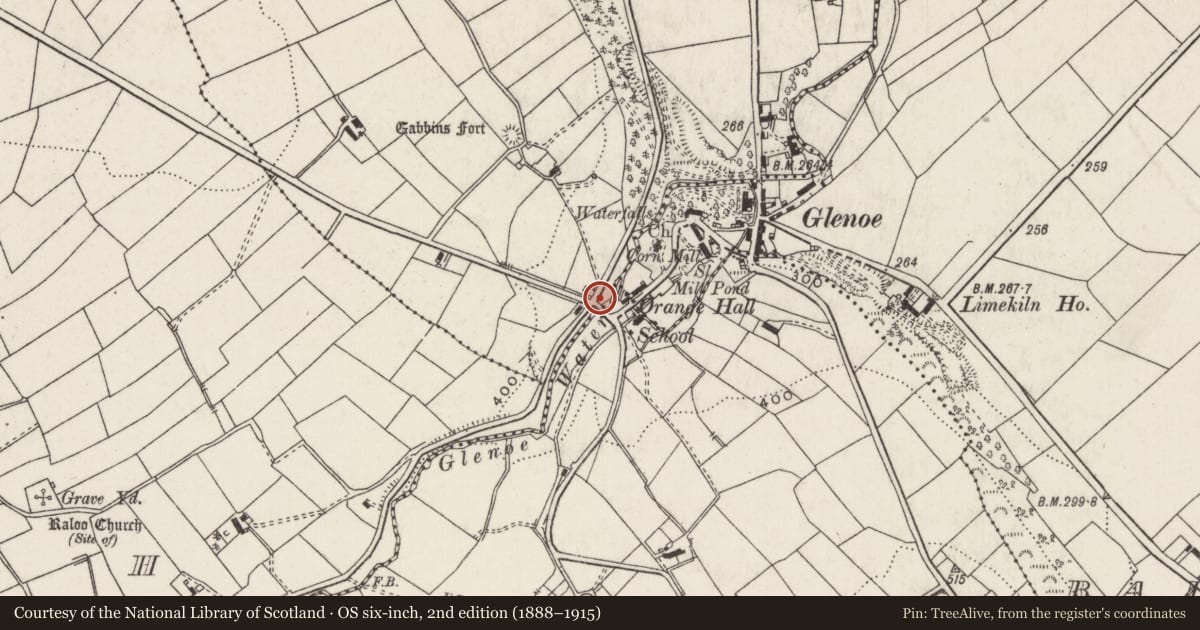 Ordnance Survey six-inch map, 2nd edition (1888–1915) covering the location of Upper Bridge over Glenoe Water, Carneal, Mid and East Antrim, with a pin at the register's coordinates