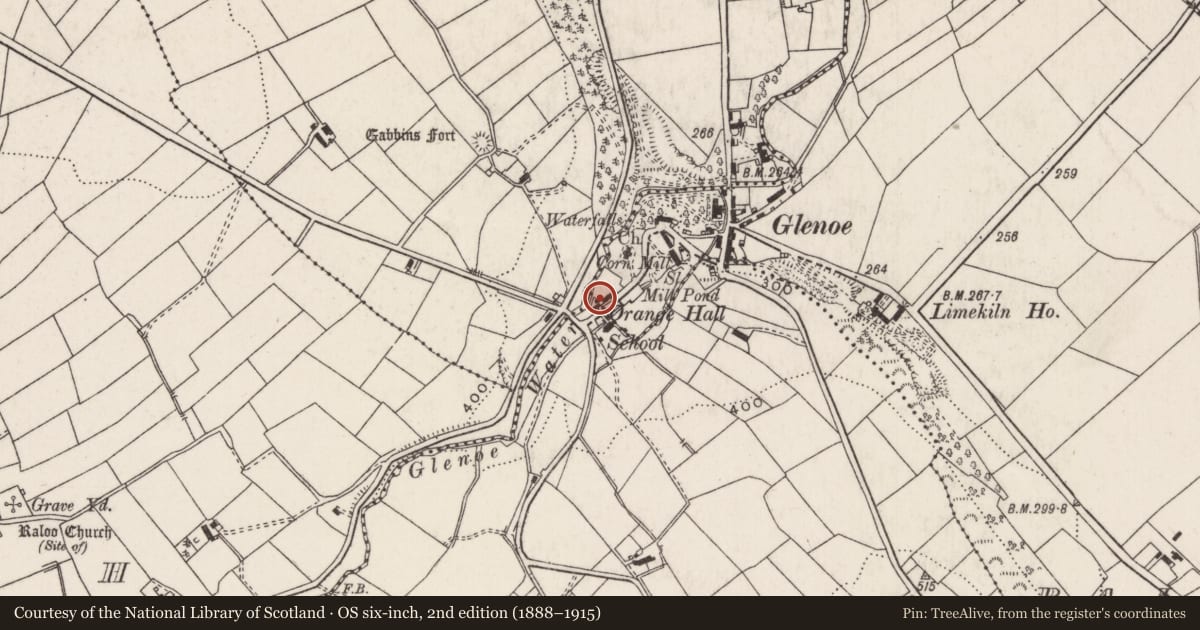 Ordnance Survey six-inch map, 2nd edition (1888–1915) covering the location of Houses in Glenoe, Carneal, Mid and East Antrim, with a pin at the register's coordinates
