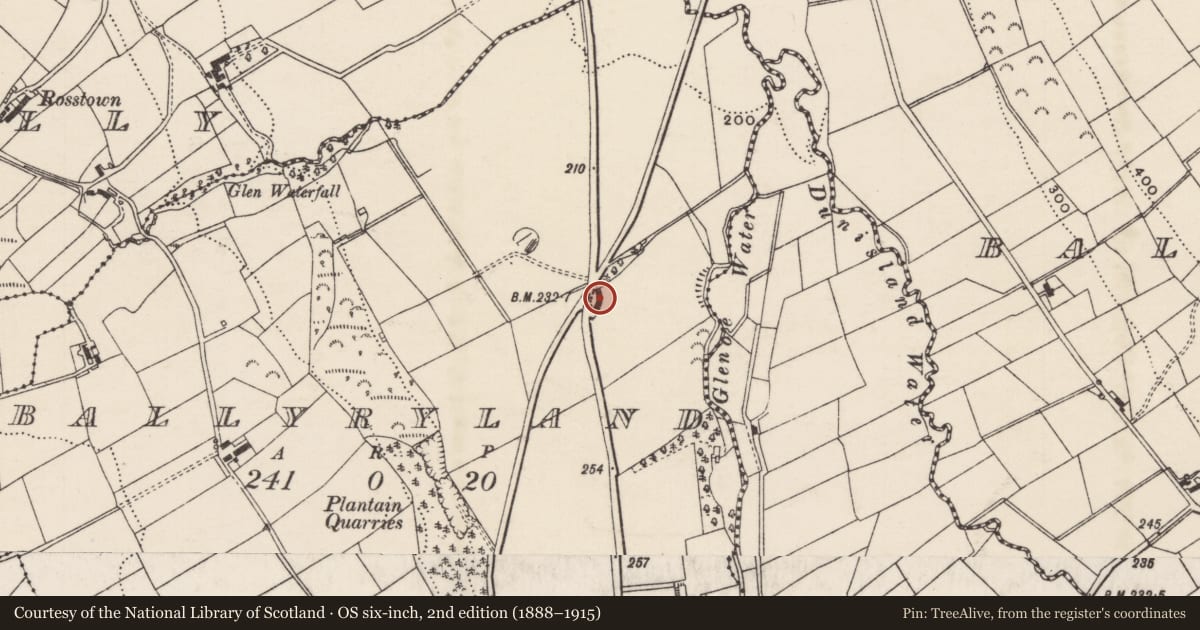 Ordnance Survey six-inch map, 2nd edition (1888–1915) covering the location of Cottages at Ballyryland, Mid and East Antrim, with a pin at the register's coordinates