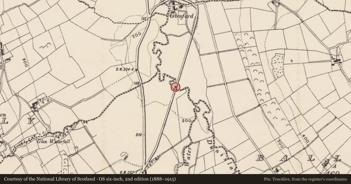 Ordnance Survey six-inch map, 2nd edition (1888–1915) covering the location of Bridge over Glynn River, Ballyhone/Ballyryland, Mid and East Antrim, with a pin at the register's coordinates