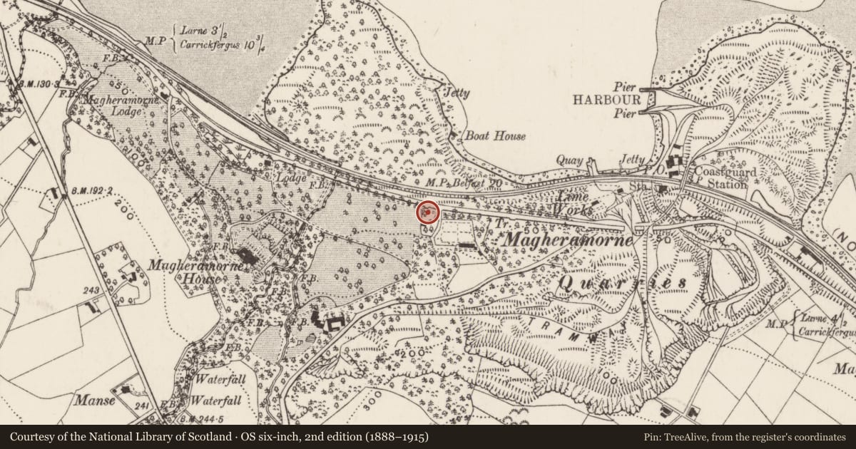 Ordnance Survey six-inch map, 2nd edition (1888–1915) covering the location of Ice House at Magheramorne House, Ballylig, Mid and East Antrim, with a pin at the register's coordinates