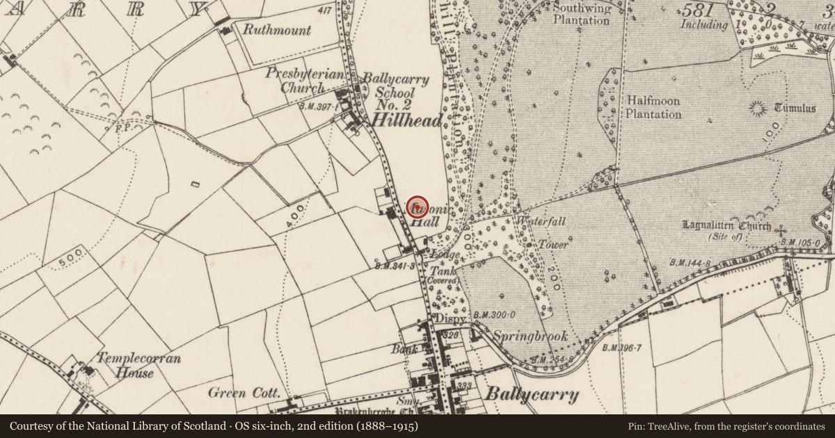 Ordnance Survey six-inch map, 2nd edition (1888–1915) covering the location of Ballycarry Primary School, Redhall, Mid and East Antrim, with a pin at the register's coordinates