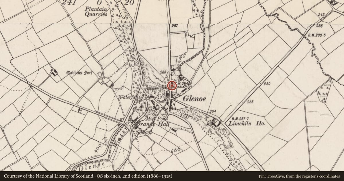 Ordnance Survey six-inch map, 2nd edition (1888–1915) covering the location of Lower bridge over Glenoe Water, Ballywillin, Mid and East Antrim, with a pin at the register's coordinates