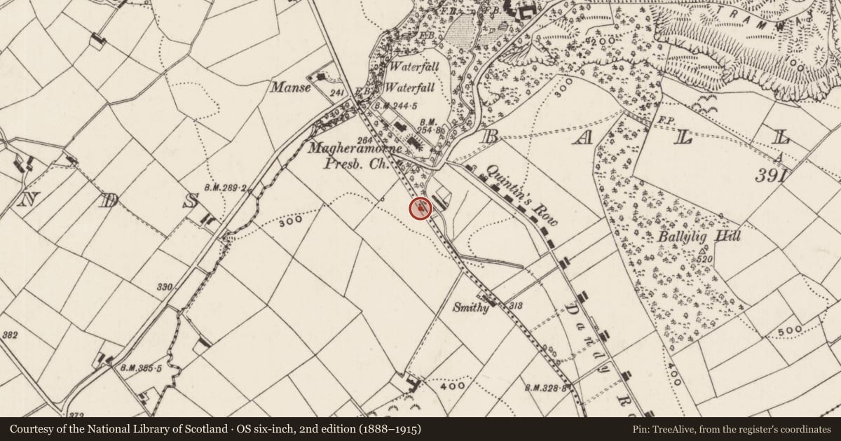 Ordnance Survey six-inch map, 2nd edition (1888–1915) covering the location of Telephone kiosk, Ballypollard, Mid and East Antrim, with a pin at the register's coordinates
