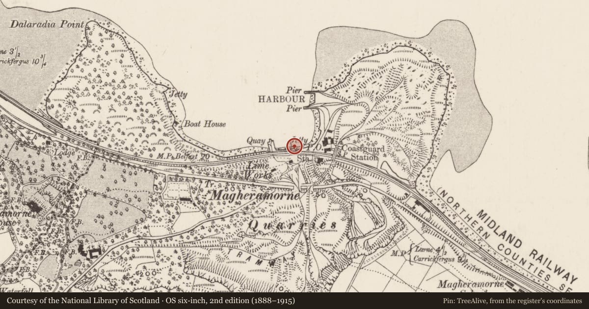 Ordnance Survey six-inch map, 2nd edition (1888–1915) covering the location of Harbour/Pier, Ballylig, Mid and East Antrim, with a pin at the register's coordinates
