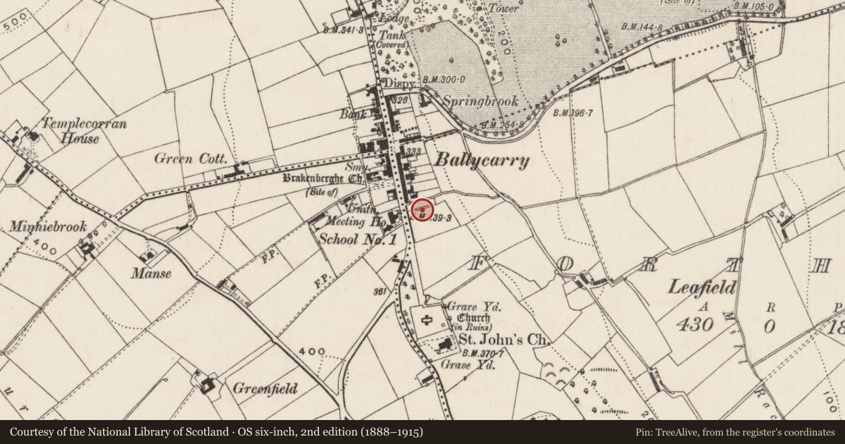 Ordnance Survey six-inch map, 2nd edition (1888–1915) covering the location of 54 Main Street, Forthill, Mid and East Antrim, with a pin at the register's coordinates