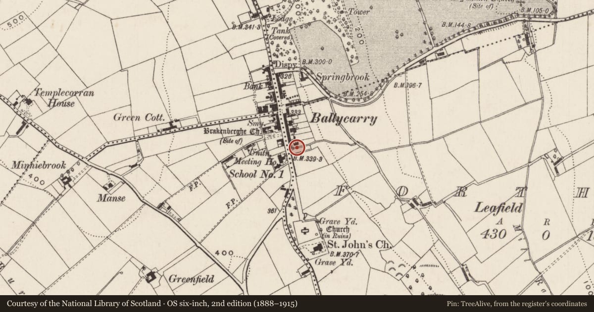 Ordnance Survey six-inch map, 2nd edition (1888–1915) covering the location of 52 Main Street, Forthill, Mid and East Antrim, with a pin at the register's coordinates