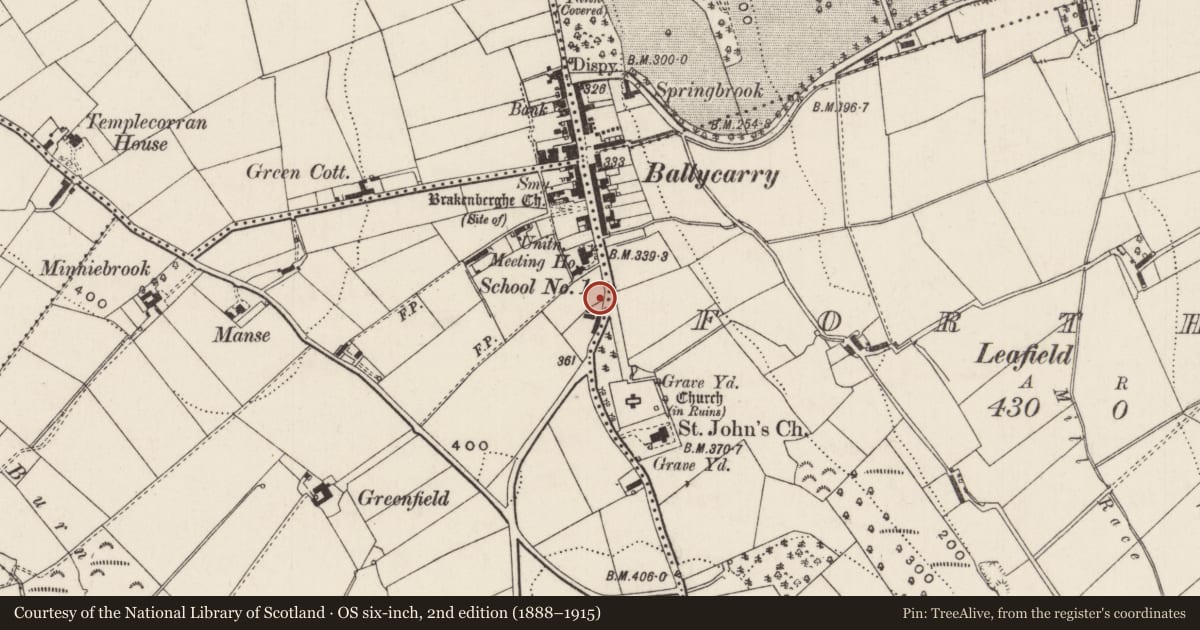Ordnance Survey six-inch map, 2nd edition (1888–1915) covering the location of 69 Main Street, South West Ballycarry, Mid and East Antrim, with a pin at the register's coordinates