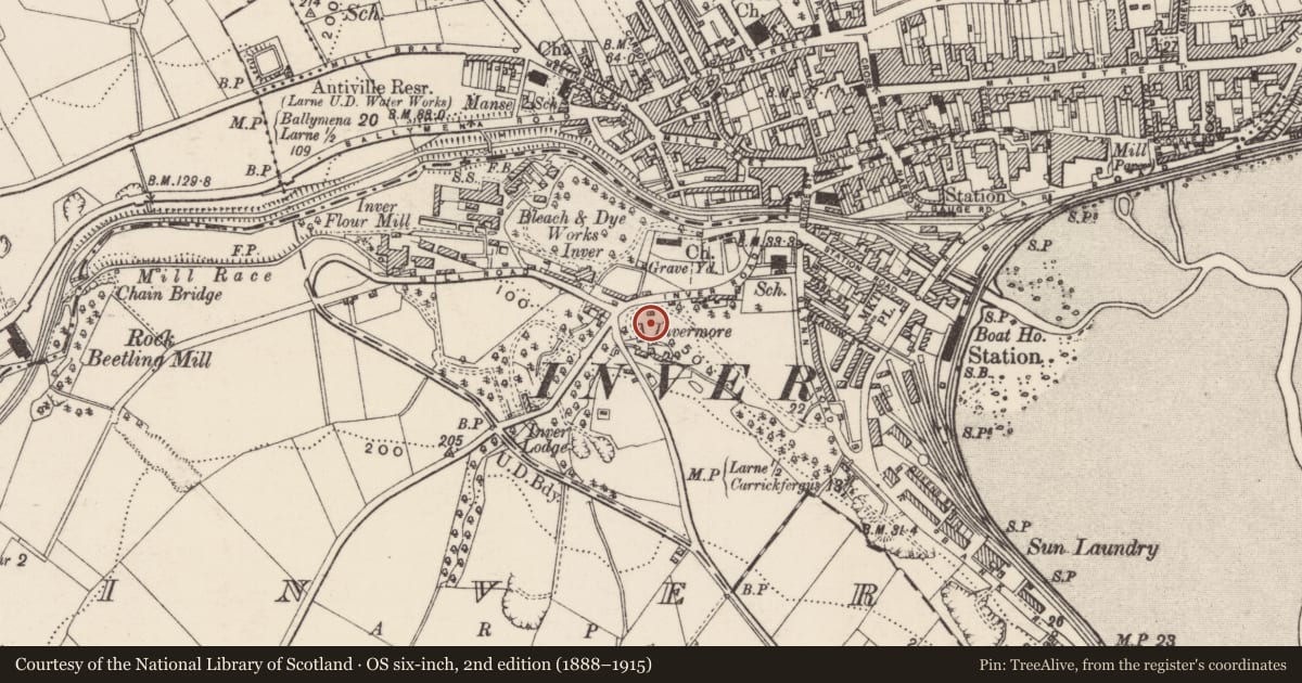 Ordnance Survey six-inch map, 2nd edition (1888–1915) covering the location of Invermore House, None, Mid and East Antrim, with a pin at the register's coordinates