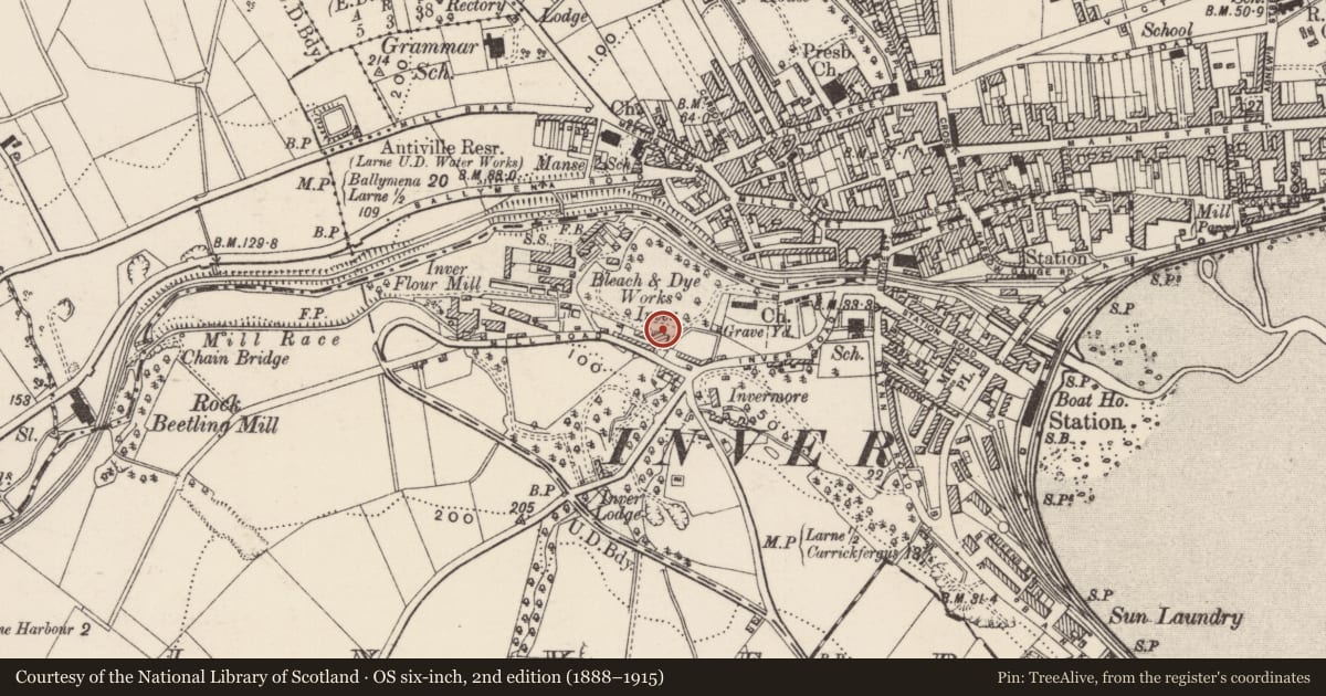 Ordnance Survey six-inch map, 2nd edition (1888–1915) covering the location of Inver House, None, Mid and East Antrim, with a pin at the register's coordinates