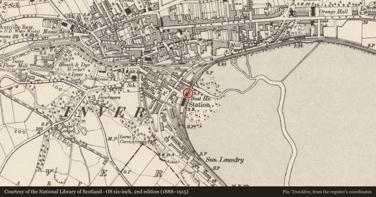 Ordnance Survey six-inch map, 2nd edition (1888–1915) covering the location of Larne Railway Station, None, Mid and East Antrim, with a pin at the register's coordinates