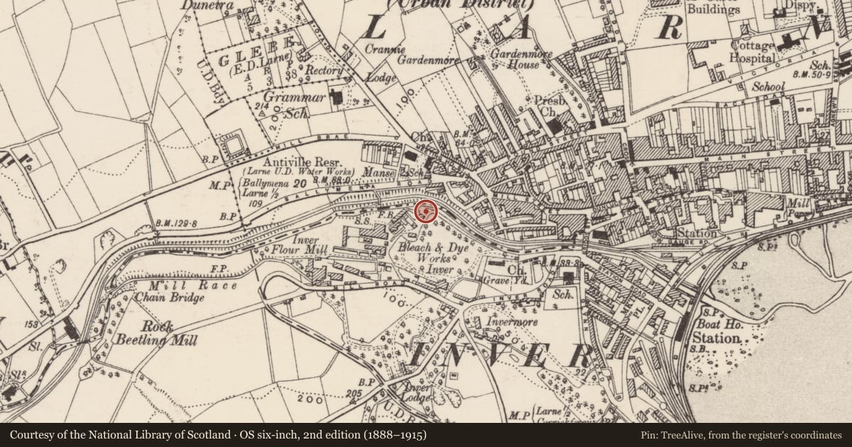 Ordnance Survey six-inch map, 2nd edition (1888–1915) covering the location of Former Office Block, None, Mid and East Antrim, with a pin at the register's coordinates