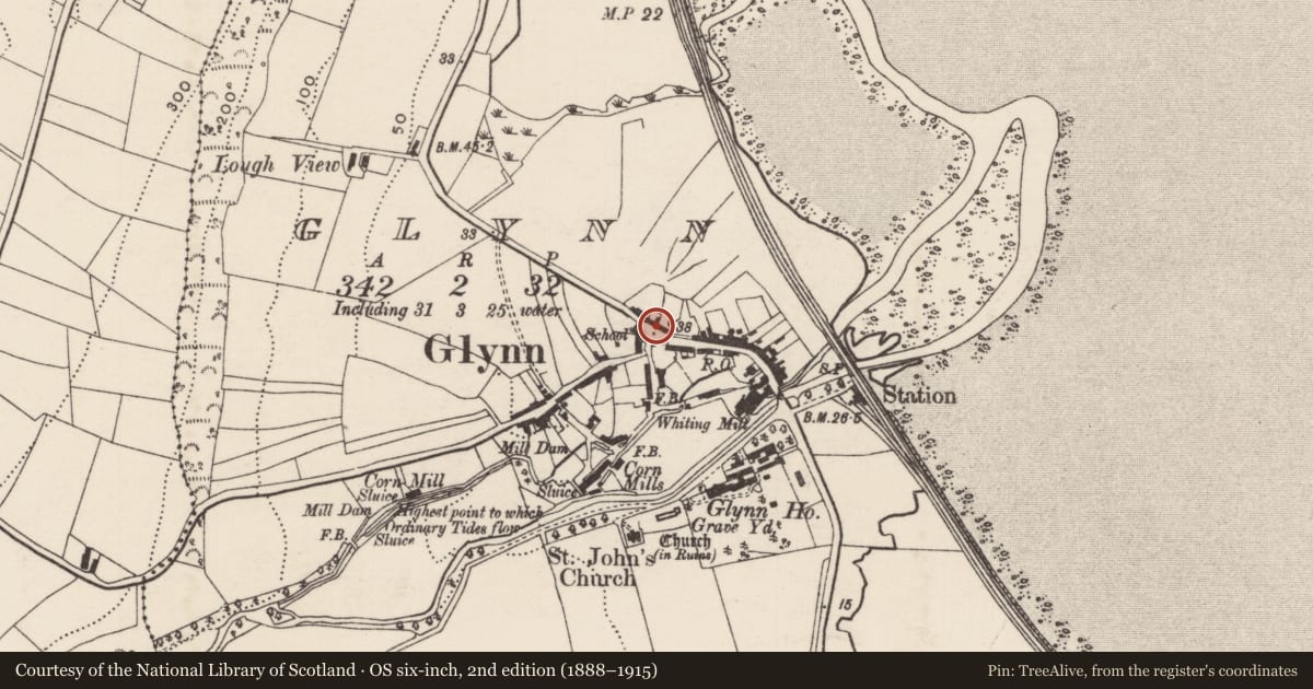 Ordnance Survey six-inch map, 2nd edition (1888–1915) covering the location of War Memorial, Glynn, Mid and East Antrim, with a pin at the register's coordinates